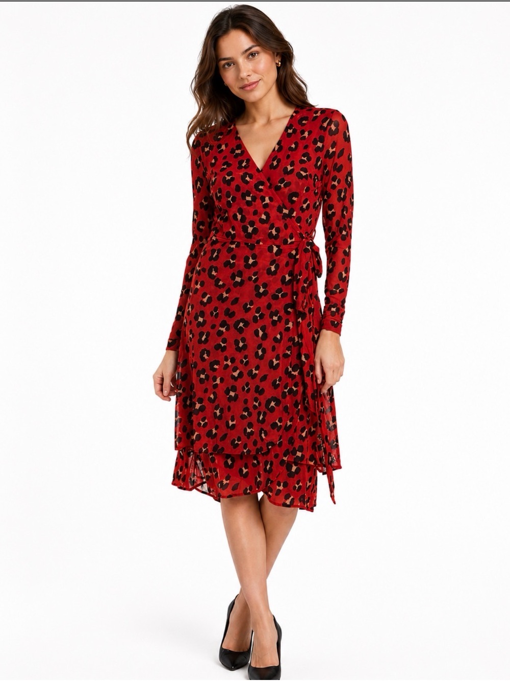 CAbi Red Leopard-Print Wrap Midi Dress S